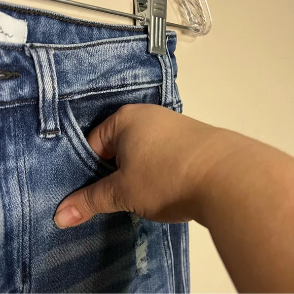 Kancan Morgan High Rise Flare Two Tone Raw Hem Flare  Distressed Denim Jeans - Picture 8 of 12